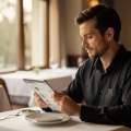 A restaurant manager reading customer reviews on a tablet at a quiet dining table before opening