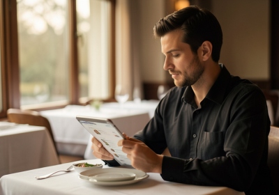 A restaurant manager reading customer reviews on a tablet at a quiet dining table before opening