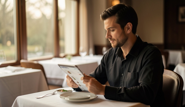 A restaurant manager reading customer reviews on a tablet at a quiet dining table before opening
