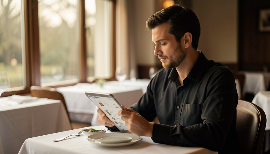 A restaurant manager reading customer reviews on a tablet at a quiet dining table before opening