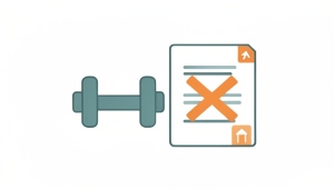 A minimalist illustration of a dumbbell beside a contract document marked with a large X and a small exit door icon