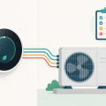 Flat illustration of a smart thermostat on a wall connected to a heat pump unit with a wiring diagram and a checklist icon