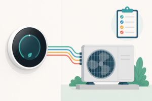 Flat illustration of a smart thermostat on a wall connected to a heat pump unit with a wiring diagram and a checklist icon