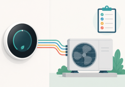 Flat illustration of a smart thermostat on a wall connected to a heat pump unit with a wiring diagram and a checklist icon