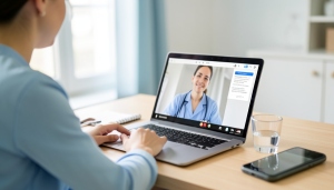 A person having a video visit with a clinician on a laptop at home, with a notepad and water glass nearby
