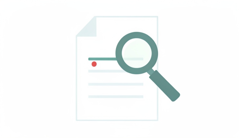 A minimalist illustration of a paper invoice with a magnifying glass over one line and a small red dot marking a charge