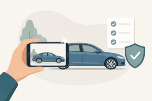 Flat illustration of a hand holding a phone photographing a rental car, with a checklist and a shield icon