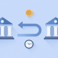 Flat illustration of two bank buildings with a return arrow between them, a coin, and a clock