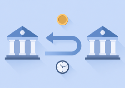 Flat illustration of two bank buildings with a return arrow between them, a coin, and a clock