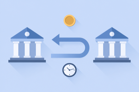 Flat illustration of two bank buildings with a return arrow between them, a coin, and a clock