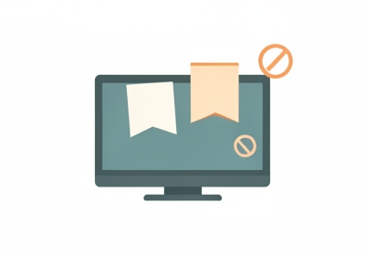 A minimalist illustration of a flat-screen TV with blank pop-up ad banners on the screen and small no-symbol icons