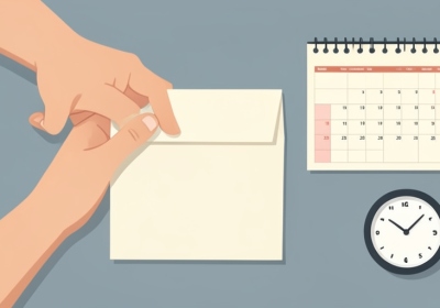 A hand signing a sealed mail-in ballot envelope beside a calendar and a clock