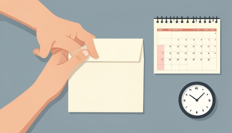 A hand signing a sealed mail-in ballot envelope beside a calendar and a clock
