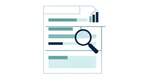 A minimalist illustration of a report page with sectioned rows, a magnifying glass, and a small upward bar chart