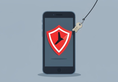Smartphone showing a warning shield with a fishing hook lifting a key icon