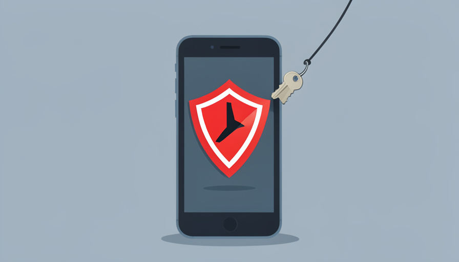 Smartphone showing a warning shield with a fishing hook lifting a key icon