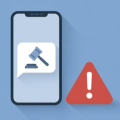 Flat illustration of a phone showing a gavel message bubble beside a red warning triangle