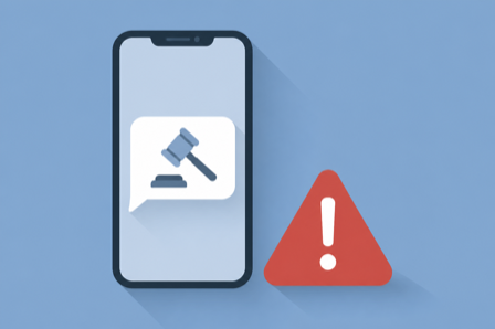 Flat illustration of a phone showing a gavel message bubble beside a red warning triangle