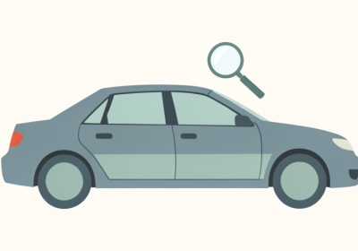 Illustration of a used sedan with a faint waterline across the lower doors and a magnifying glass inspecting it
