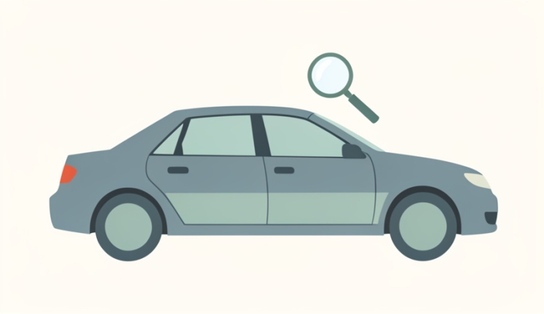 Illustration of a used sedan with a faint waterline across the lower doors and a magnifying glass inspecting it