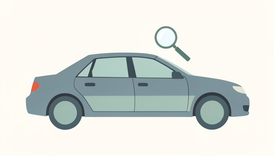 Illustration of a used sedan with a faint waterline across the lower doors and a magnifying glass inspecting it