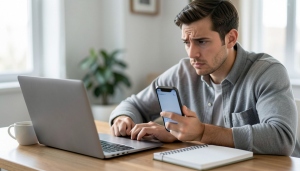 A job seeker looking warily at a laptop and phone showing a suspicious job offer message at a desk
