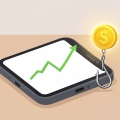 A smartphone showing a rising green chart and a gold coin icon with a small fishing hook beside it