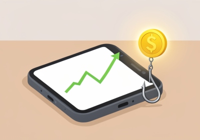 A smartphone showing a rising green chart and a gold coin icon with a small fishing hook beside it