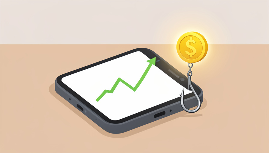 A smartphone showing a rising green chart and a gold coin icon with a small fishing hook beside it
