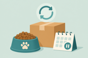 Flat illustration of a pet food bowl, a recurring delivery box, and a calendar with a pause symbol