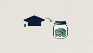 Flat illustration of a graduation cap and a savings jar of coins connected by a transfer arrow