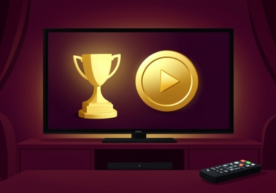 A TV screen showing a golden award statuette and a play button with a remote in the foreground