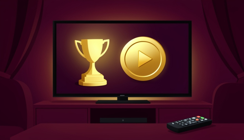 A TV screen showing a golden award statuette and a play button with a remote in the foreground