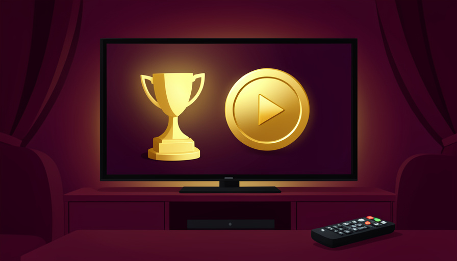 A TV screen showing a golden award statuette and a play button with a remote in the foreground