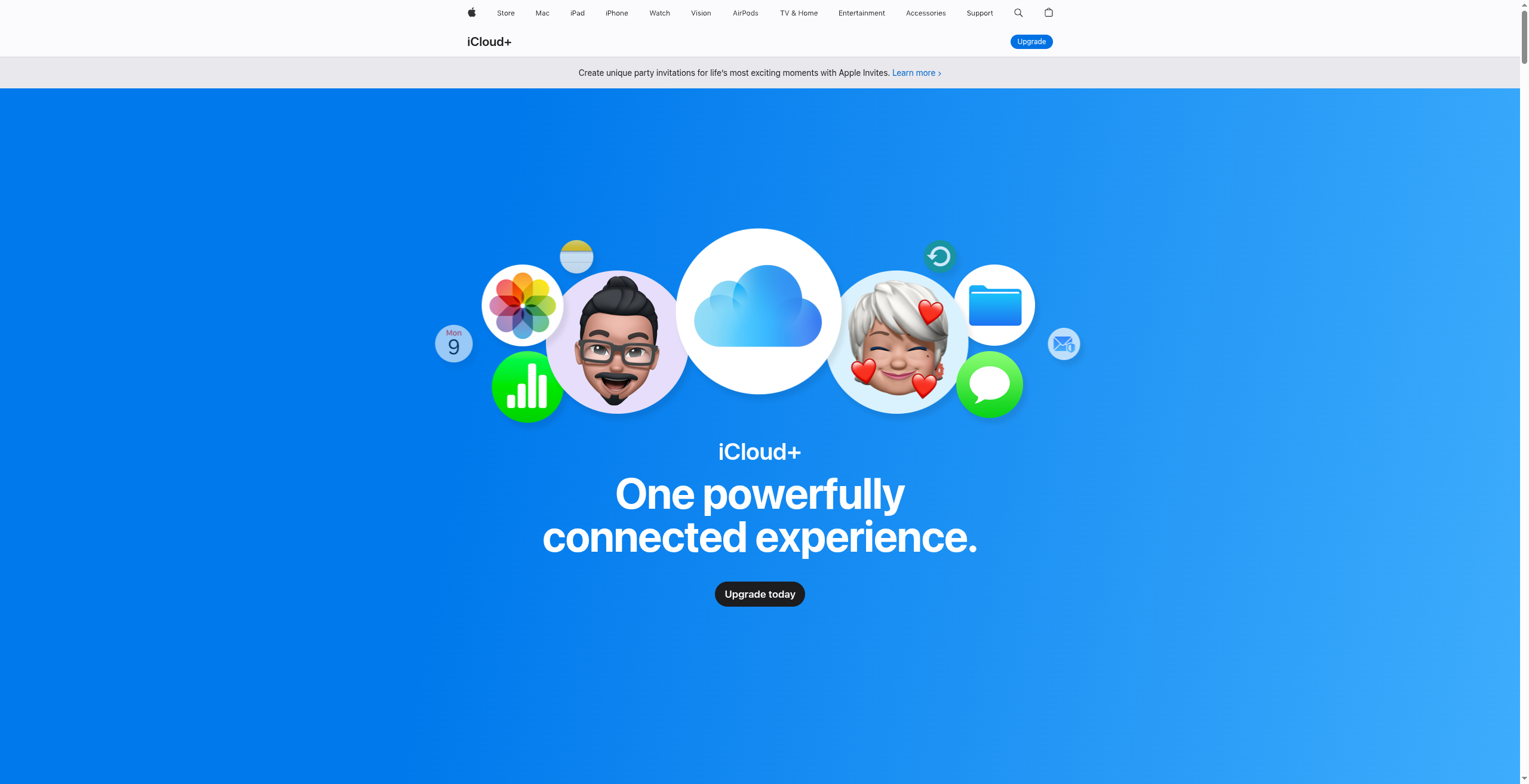 Apple iCloud+ page with the headline One powerfully connected experience and an Upgrade today button