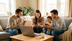 A family using phones and a laptop at home with cloud storage icons implied on the screens
