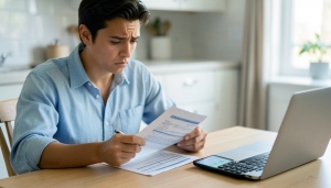 A person at a kitchen table reviewing a medical bill and insurance paperwork with a laptop and phone