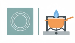 A minimalist illustration of a flat glass induction cooktop with a coil ring beside a gas burner with a blue flame under a pot