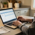 A person reviewing a grocery budget spreadsheet on a laptop next to a receipt and groceries on a kitchen counter