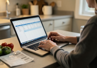 A person reviewing a grocery budget spreadsheet on a laptop next to a receipt and groceries on a kitchen counter
