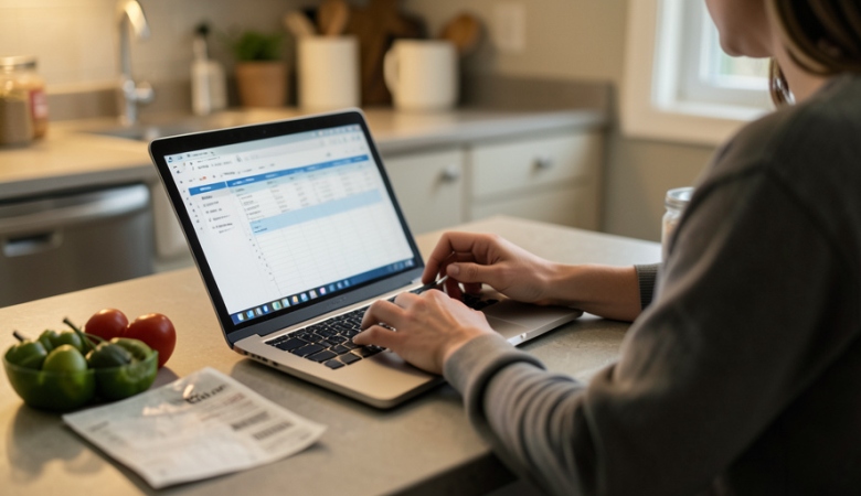 A person reviewing a grocery budget spreadsheet on a laptop next to a receipt and groceries on a kitchen counter