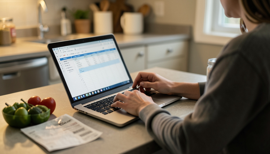 A person reviewing a grocery budget spreadsheet on a laptop next to a receipt and groceries on a kitchen counter