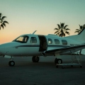 A small air-ambulance plane on a remote coastal airstrip at dusk, ready for a medical evacuation