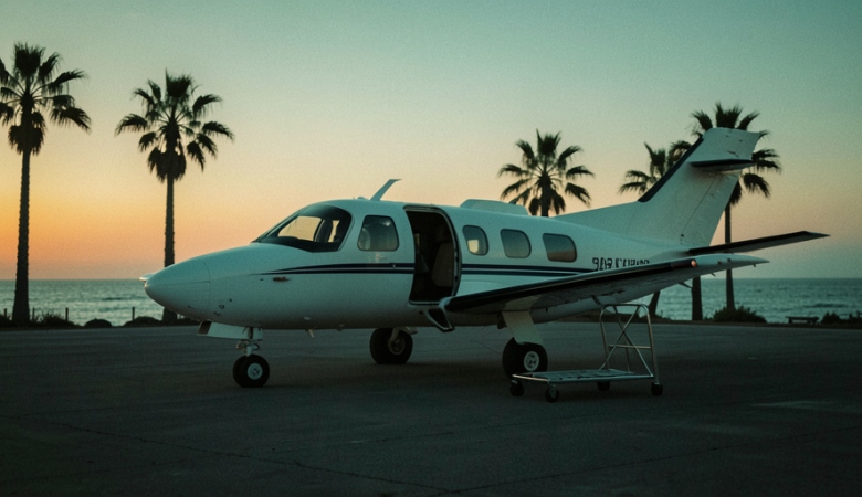 A small air-ambulance plane on a remote coastal airstrip at dusk, ready for a medical evacuation