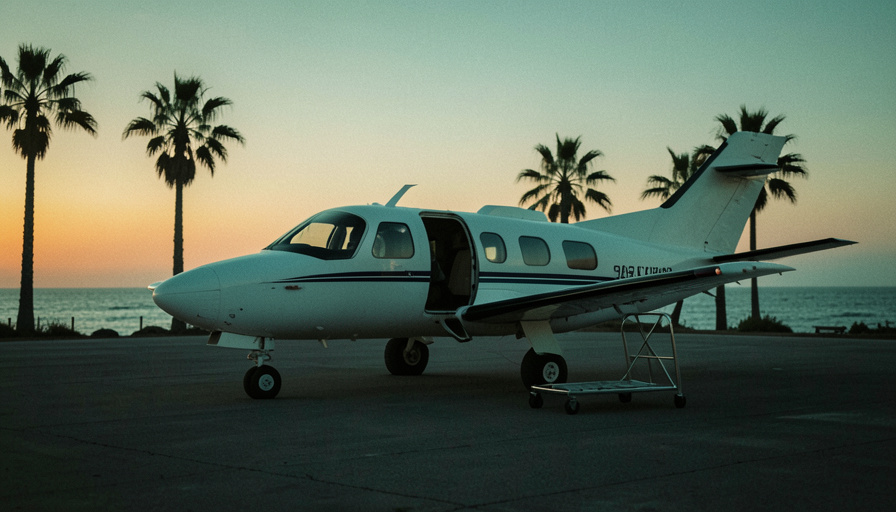A small air-ambulance plane on a remote coastal airstrip at dusk, ready for a medical evacuation