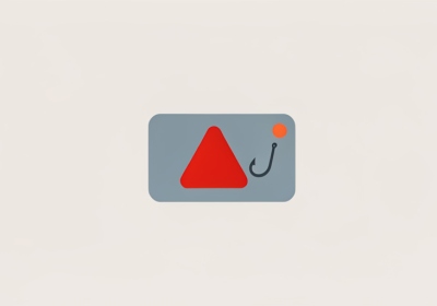 Flat illustration of a card with a red warning triangle and a fishing hook representing a payment scam