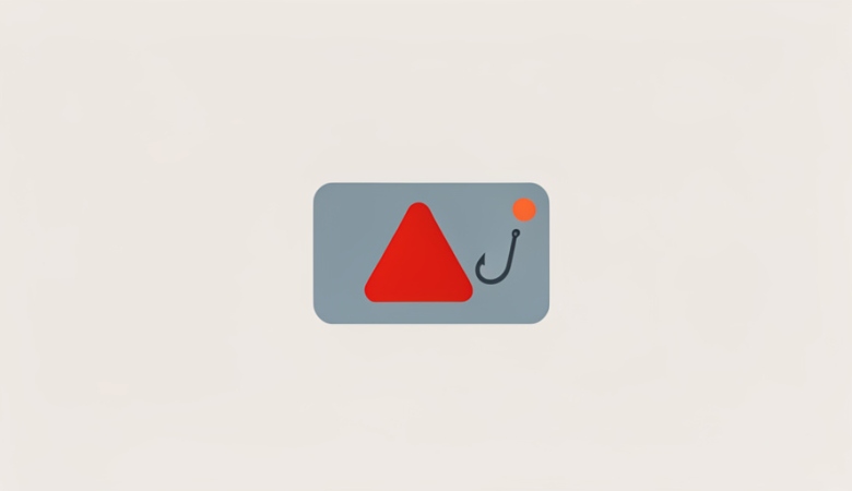 Flat illustration of a card with a red warning triangle and a fishing hook representing a payment scam