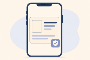 Flat illustration of a smartphone showing an ID card with a shield checkmark representing a digital driver's license
