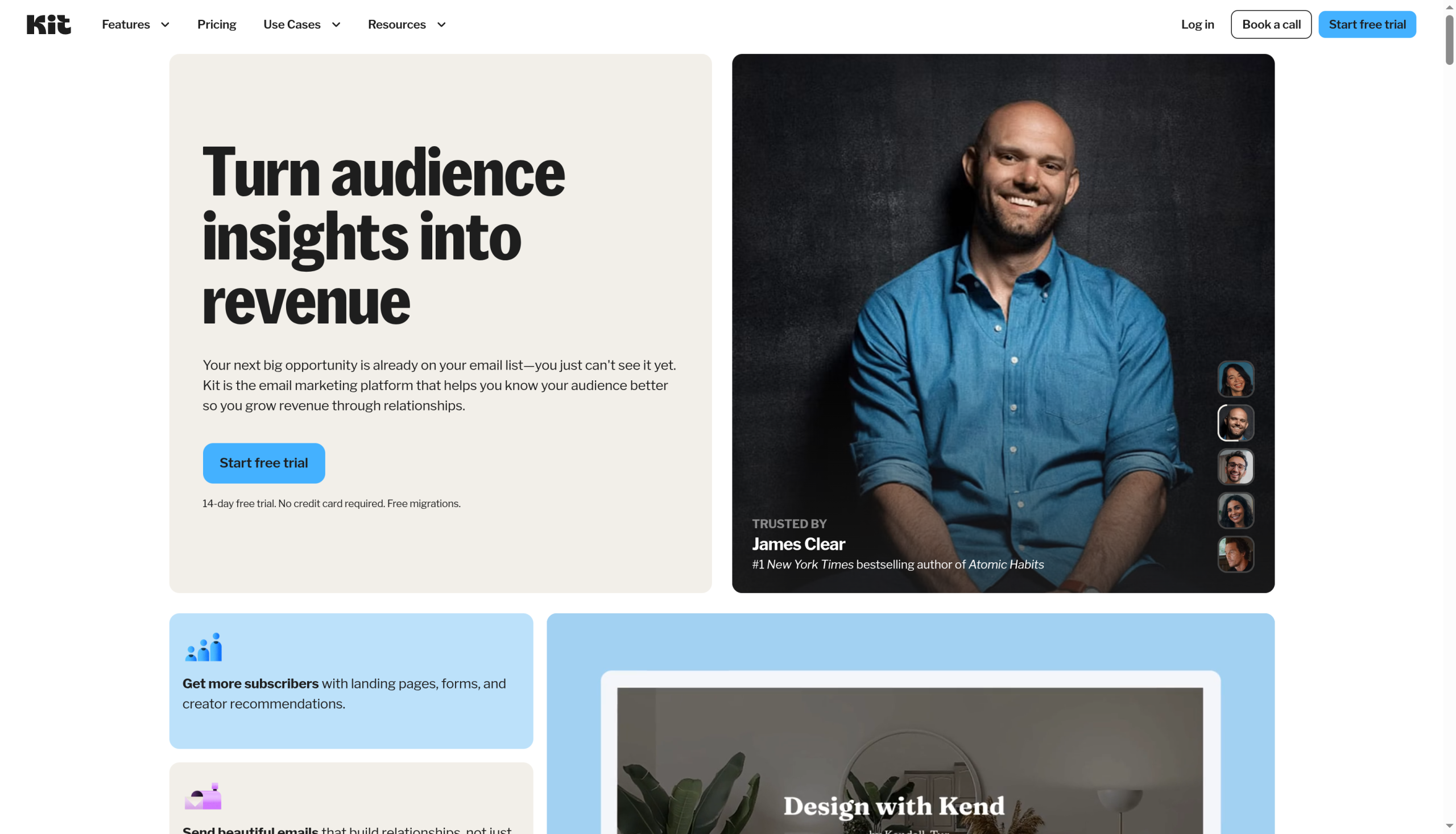 Kit homepage with the headline turn audience insights into revenue