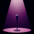 A single microphone on a spotlit stage with faint marionette strings descending toward it